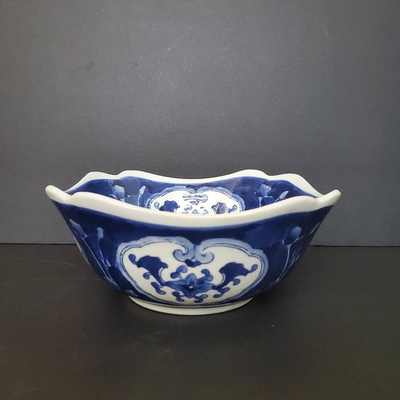 Rare Vintage Chinese Blueware Asian Porcelain Square Bowl Brocade Floral 7.5"W - Picture 2 of 8